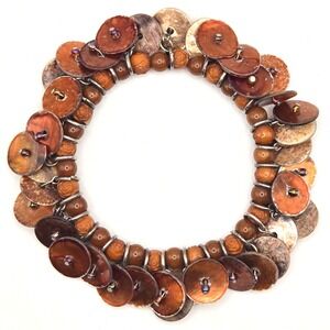 Boho Brown Burnt Orange Shell Disc Beaded Stretch Bracelet Rose Carved Beads